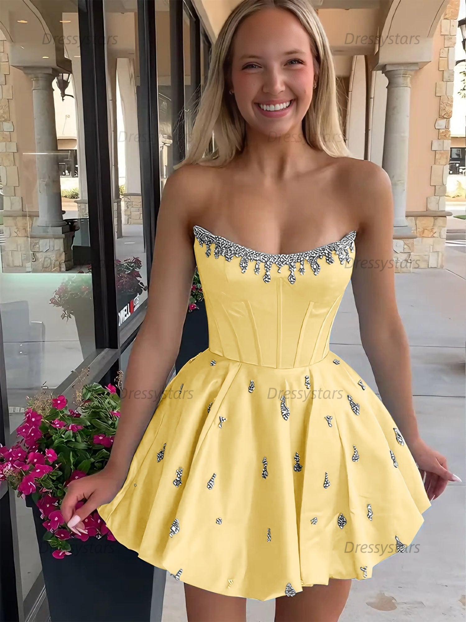 Dressystars Sparkly Satin A Line Short Corset Homecoming Dress with Rhinestones