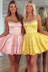 Dressystars Sparkly Satin A Line Short Corset Homecoming Dress with Rhinestones