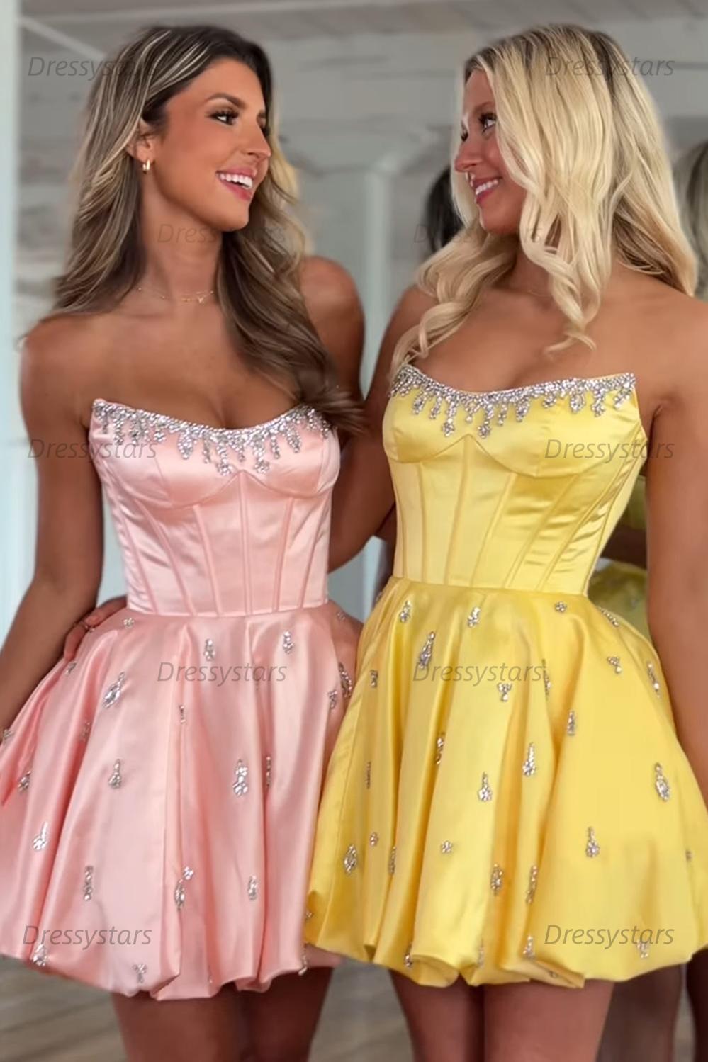 Dressystars Sparkly Satin A Line Short Corset Homecoming Dress with Rhinestones