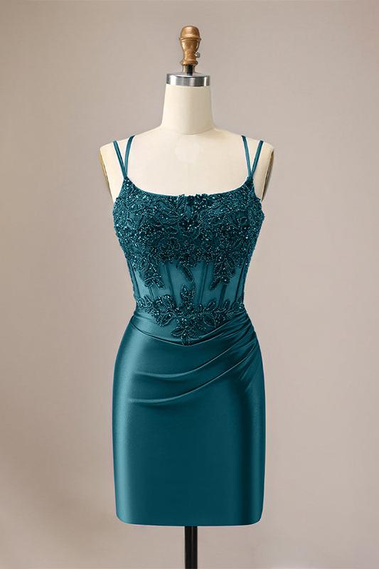 Dressystars Sparkly Spaghetti Straps Sequins Pleated Corset Homecoming Dress