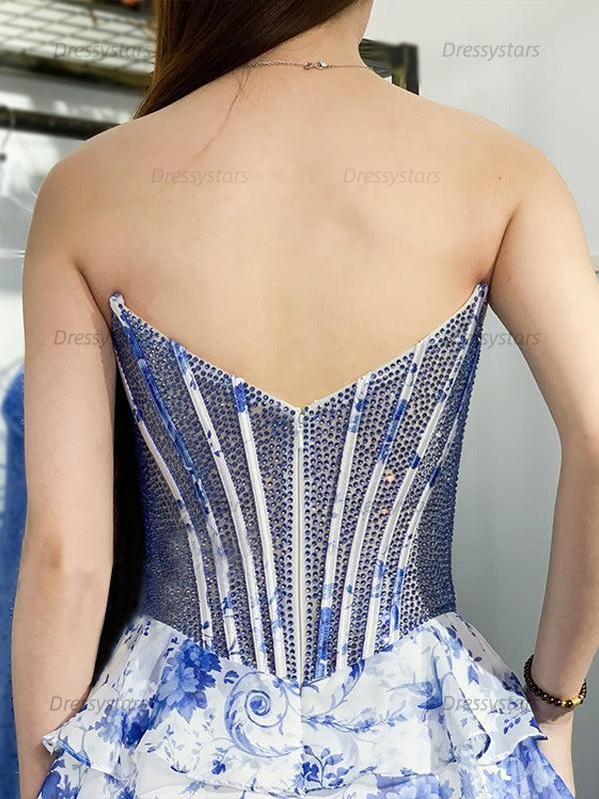 Dressystars Sparkly Strapless Beadeds Floral Print Tiered Homecoming Dress