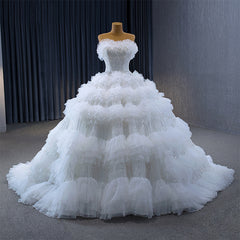 Sparkly Strapless Wedding Dress Ball Gown Sequin Tiered Bridal Dress with Sweep Train