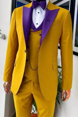 Special Gold 3 Piece Prom Suit with Purple Lapel