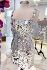 Square Collar Homecoming Dress Silver Cut Mirror Sequin Style Bodycon Short Party Cocktail Dress