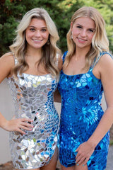 Square Collar Homecoming Dress Silver Cut Mirror Sequin Style Bodycon Short Party Cocktail Dress