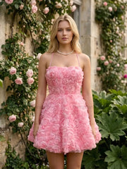 Dressystars Square Neck 3D Rose Petal Corset Homecoming Dresses Mini Cocktail Dress