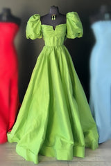 Square Neck Fuchsia Prom Dress Puff Sleeve A Line Evening Dress