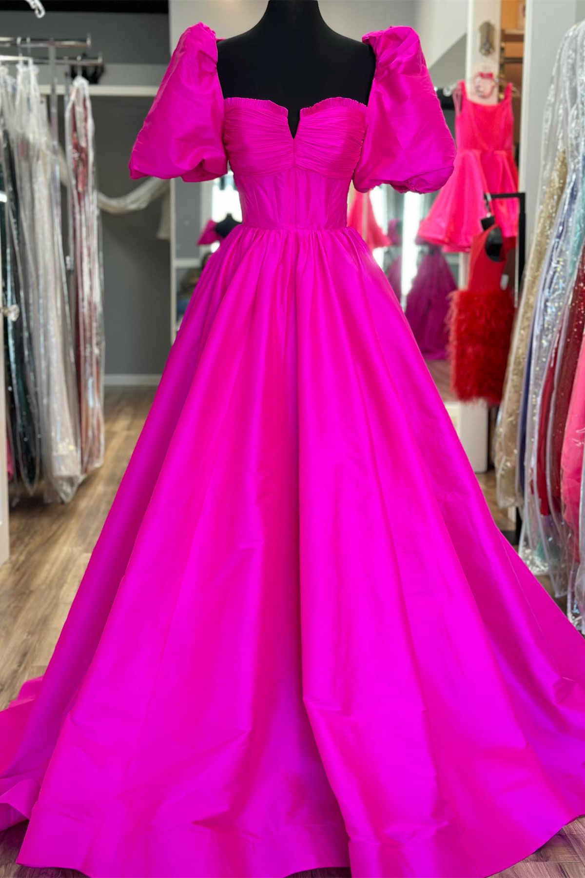 Square Neck Fuchsia Prom Dress Puff Sleeve A Line Evening Dress