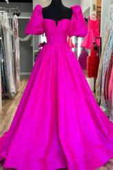 Square Neck Fuchsia Prom Dress Puff Sleeve A Line Evening Dress