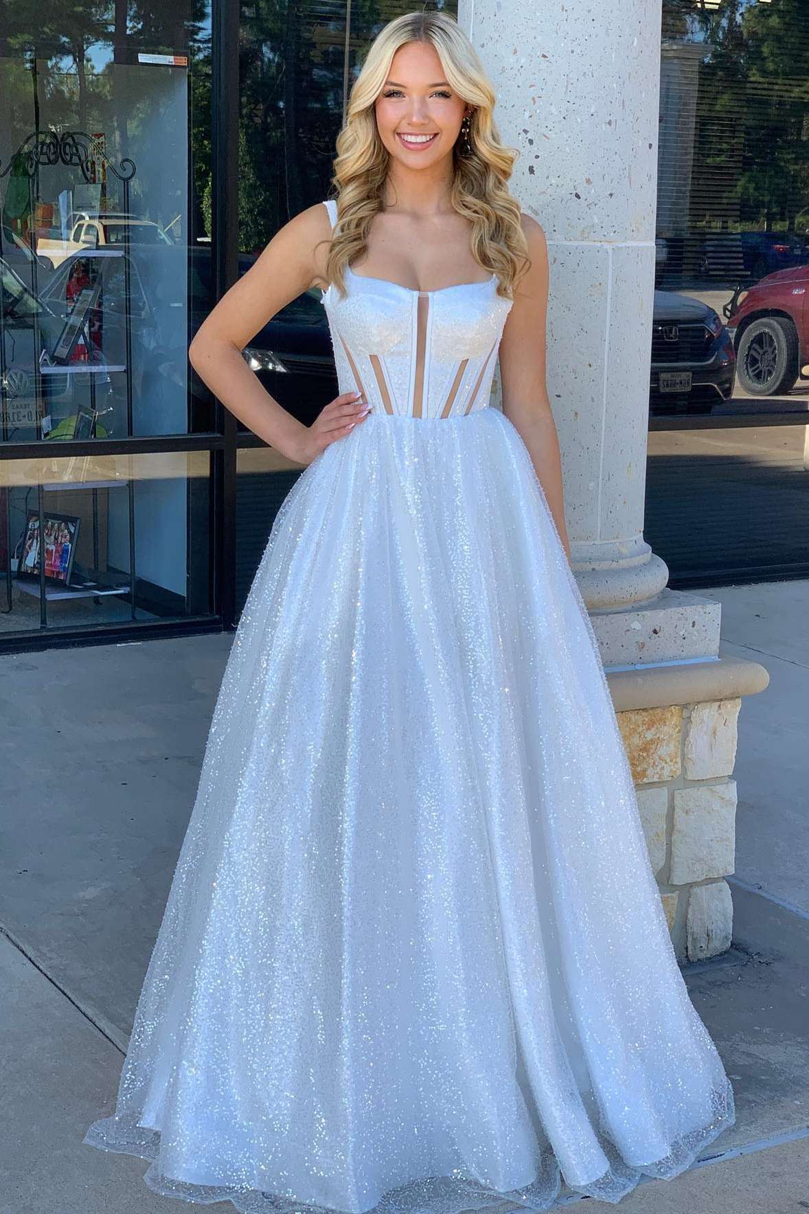 Square Neck Ivory Prom Dress Sequin A Line Evening Dress