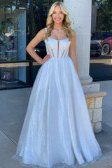 Square Neck Ivory Prom Dress Sequin A Line Evening Dress