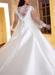Square Neckline A Line Wedding Dress with Long Sleeves in Lace/Satin