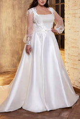 Square Neckline A Line Wedding Dress with Long Sleeves in Lace/Satin
