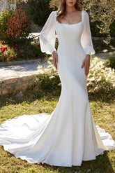 Square Neckline Long Sleeve Trumpet/Mermaid Wedding Dress with Sweep Train