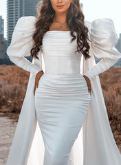 Square Neckline Long Sleeves Sweep Train Wedding Dress