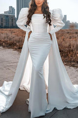 Square Neckline Long Sleeves Sweep Train Wedding Dress