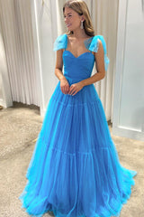 Stacey Blue Prom Dress Sweetheart Collar Tie Straps Tulle A Line Long Evening Dress