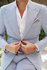 Standard Fit Single Breasted One-Button Blue Seersucker Pinstripe Men's Beach Wedding Suit 2 Piece