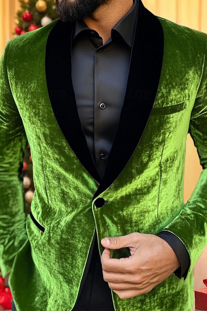 Standard Fit Single-Breasted Velvet Blazer In Green With One Button