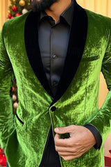 Standard Fit Single-Breasted Velvet Blazer In Green With One Button
