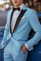 Standard Fit Sky Blue One-Button Single Breasted Suit For Men's Beach Weddings And Prom