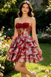 Strapless 3D Rose Brocade Tiered Mini Dress with Metallic Accents Homecoming Dresses