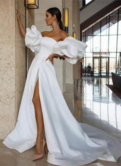 Strapless Ball Gown Wedding Dress With Short Sleeves Satin Court Train and Split Front