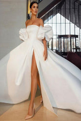 Strapless Ball Gown Wedding Dress With Short Sleeves Satin Court Train and Split Front