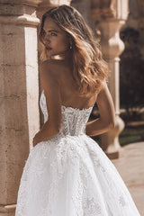 Strapless Beach Wedding Dress Corset Lace Appliques Bridal Gown with Detachable Train