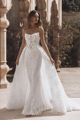 Strapless Beach Wedding Dress Corset Lace Appliques Bridal Gown with Detachable Train