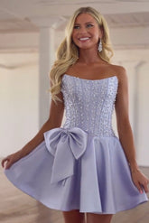Dressystars Strapless Beaded Homecoming Dress A Line Sleeveless Short Party Dress with Bowknot
