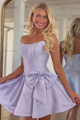 Dressystars Strapless Beaded Homecoming Dress A Line Sleeveless Short Party Dress with Bowknot