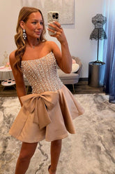 Strapless Beaded Homecoming Dress A Line Sleeveless Short Party Dress with Bowknot