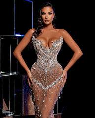 Strapless Beaded Prom Dresses Tulle Mermaid Formal Dresses