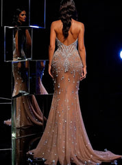 Strapless Beaded Prom Dresses Tulle Mermaid Formal Dresses