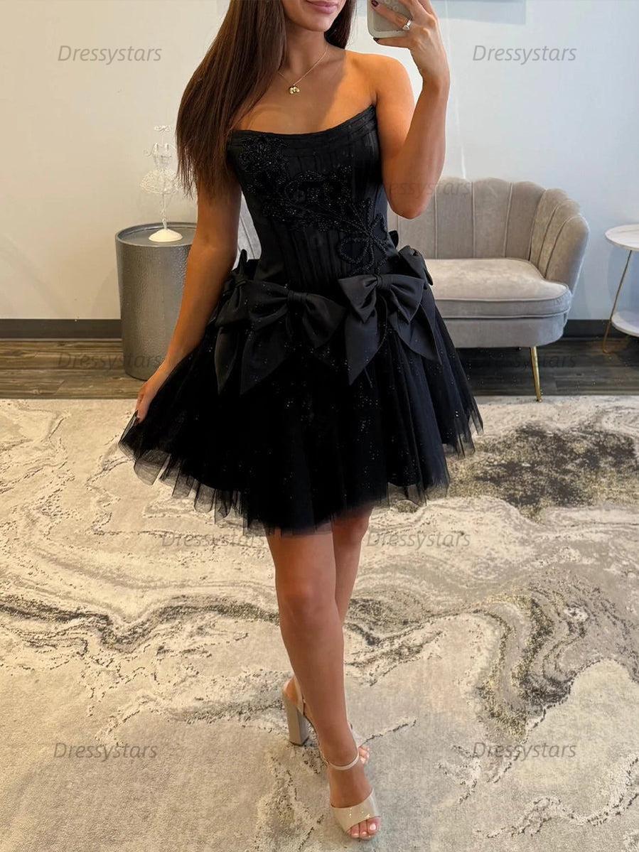 Dressystars Strapless Beading Short Homecoming Dress with Waist Bow