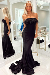 Strapless Black Prom Dress Feathers Mermaid Long Party Dress Evening Dress