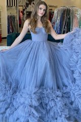 Strapless Blue Prom Dress A Line Tiered Long Evening Dress