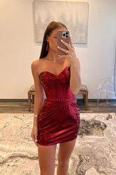 Strapless Burgundy Homecoming Dresses Satin Corset Tight Short Cocktail Dresses