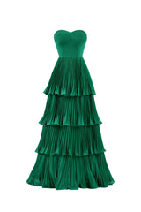 Strapless Emerald Green Prom Dress Ruffle Tiered Long Evening Dress