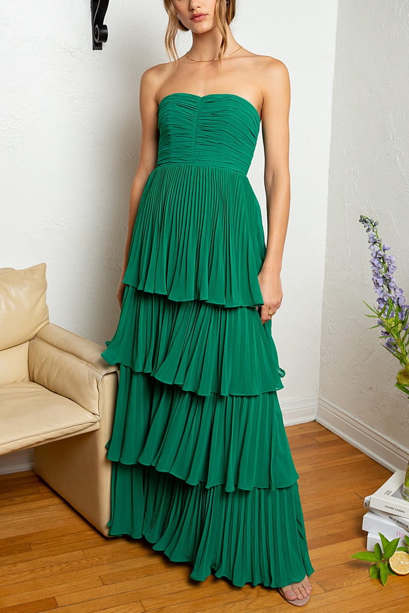 Strapless Emerald Green Prom Dress Ruffle Tiered Long Evening Dress