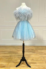 Strapless Homecoming Dress Chic Feather Style Cropped A Line Cute Short Party Cocktail Dress