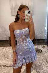 Strapless Homecoming Dress Lavender Sequin Style Bodycon Fitting Mini with ruffle Short Party Cocktail Dress