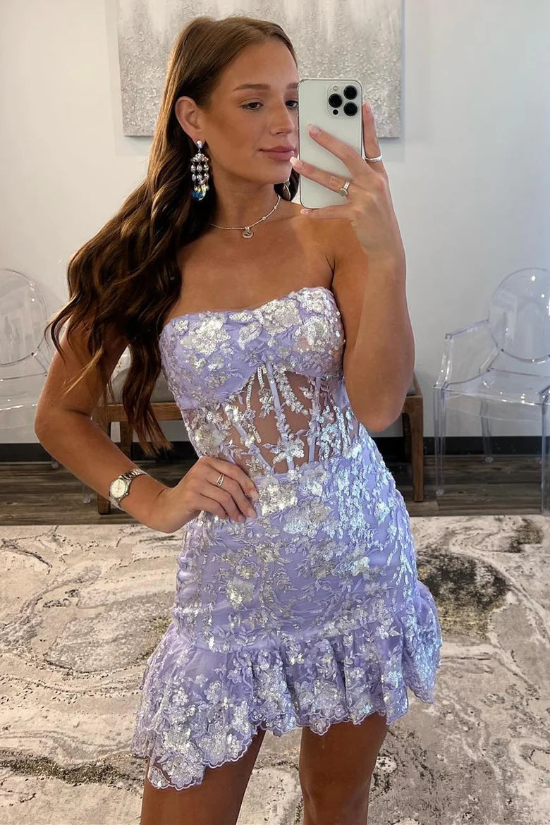 Strapless Homecoming Dress Lavender Sequin Style Bodycon Fitting Mini with ruffle Short Party Cocktail Dress