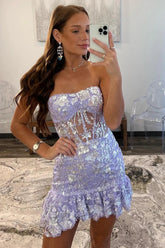 Strapless Homecoming Dress Lavender Sequin Style Bodycon Fitting Mini with ruffle Short Party Cocktail Dress