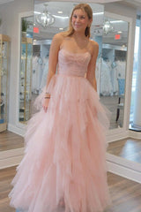 Strapless Light Pink Prom Dress Sequin Beaded Ruffle Tulle Evening Dress