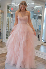Strapless Light Pink Prom Dress Sequin Beaded Ruffle Tulle Evening Dress