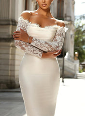 Strapless Long Sleeves Satin Wedding Dress With Lace Trumpet/Mermaid
