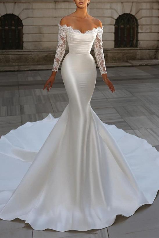 Strapless Long Sleeves Satin Wedding Dress With Lace Trumpet/Mermaid