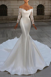 Strapless Long Sleeves Satin Wedding Dress With Lace Trumpet/Mermaid